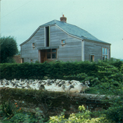 View of house across sheep filled road